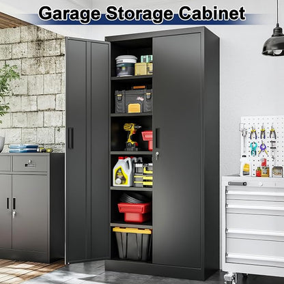 BESFUR Metal Storage Cabinet with 2 Doors and 5 Adjustable Shelves Garage Storage Cabinet with Lock 71" Office Storage Cabinets Locking Cabinets for Garage Office Shop Home (Black)