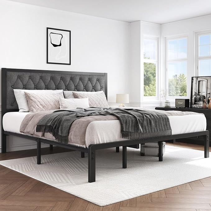 HISOFT King Bed Frame with Upholstered Button Tufted Headboard, Bed Frame Platform Metal Slats Support, Under Bed Storage, No Box Spring Needed, Noise-Free, Easy Assembly, Grey
