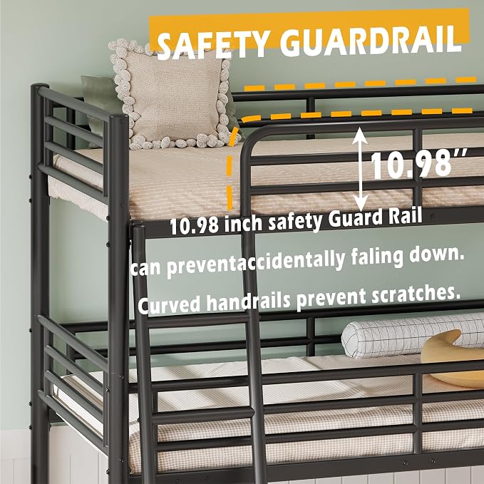 Metal Triple Bunk Bed,Twin Over Twin Bunk Bed for 3, 3 Beds with Guardrail & Ladder, Heavy Duty Triple Bed Frame for Kids Teenagers/Adults, Converts to 3 Separate Twin Beds, No Box Spring Needed