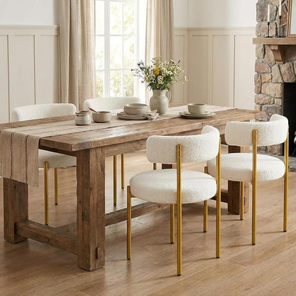 Boucle Dining Chairs Set of 2, White Dining Chairs with Upholstered Seat and Gold Legs, Mid-Century Modern Kitchen Chairs for Dining Room, Restaurant