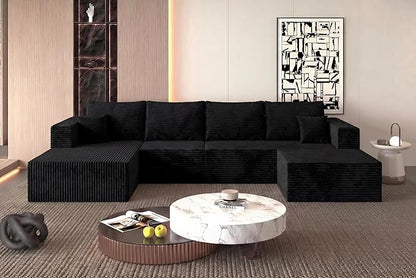 138" Modern Modular Sectional Sofa, U-Shaped Cloud Couch, Soft Corduroy Boneless Couch with 3060 High Rebound Memory Foam, Sectional Couches for Living Room-Black(Left Facing Chaise)