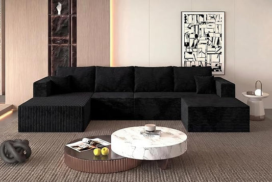 138" Modern Modular Sectional Sofa, U-Shaped Cloud Couch, Soft Corduroy Boneless Couch with 3060 High Rebound Memory Foam, Sectional Couches for Living Room-Black(Left Facing Chaise)