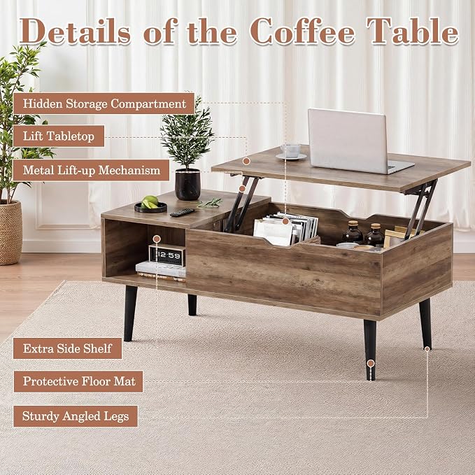OLIXIS Lift Top Coffee Table with Hidden Storage for Living Room