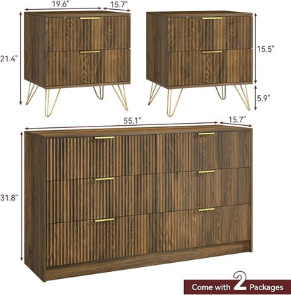 6 Drawer Dresser and Nightstand Sets for Bedroom, 3 Pcs Bedroom Set, Night Stand Set of 2 & 6 Drawer Dresser with Gold Handles, Modern Wood Chest of Drawers Storage Cabinet Set, Natural