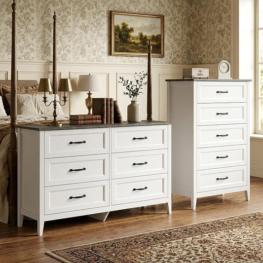 Gizoon 2-Piece Bedroom Furniture Set, Includes 44.8" H 5 Drawer Dresser and 43.3" W 6 Chest of Drawers, Modern Bedroom Dresser Set, with Smooth Rail, Metal Handles, Anti-tip Device, Grey Tabletop