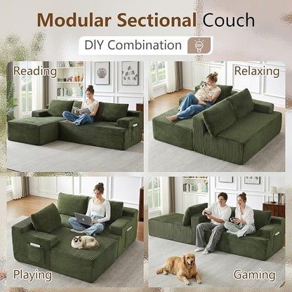 96" Cloud Sectional Couch with L-Shape Chaise, Modular Comfy Sofa Chaise Longue, Upholstered Corduroy Couches Sleeper with Deep Seat for Living Room Bedroom, No Assembly Required(Green, Left Facing)
