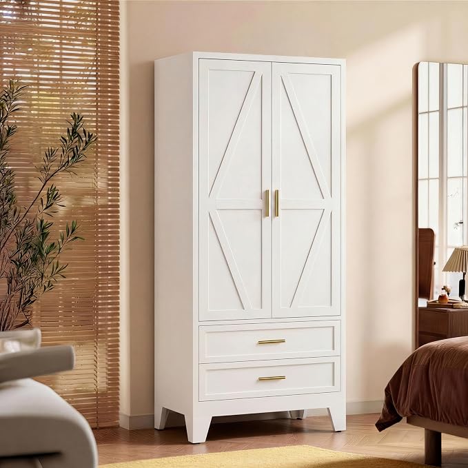 71" H White Armoire Wardrobe Closet with Drawers,Metal Wardrobe Closet with Doors and Shelves,Tall Wardrobe Closet for Bedroom