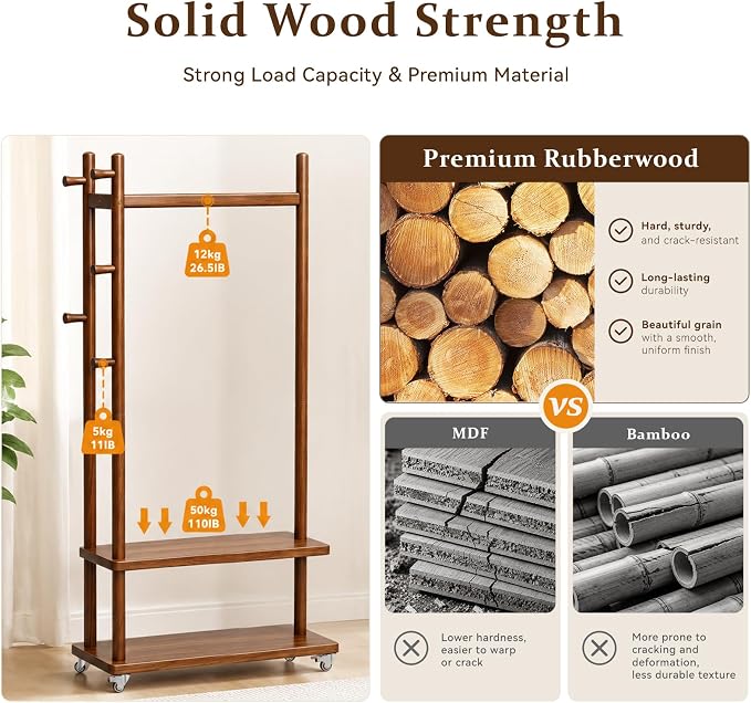 Solid Wood Coat Rack Freestanding, Coat Rack Stand with 2 Shelves & 4 Hooks, Coat Tree for Entryway, Hallway, Bedroom, Living Room, Office - Clothing Rack for Coats, Hats, Bags (Walnut-L-Wheel)