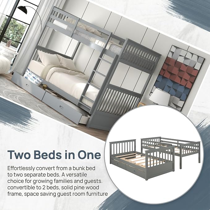 Merax Full-Over-Full Bunk Bed with Two Storage Drawers, Solid Wood Full Size Bunk Bed with Guardrail and Removable Ladder, Can be Converted Into 2 Separate Beds, Grey