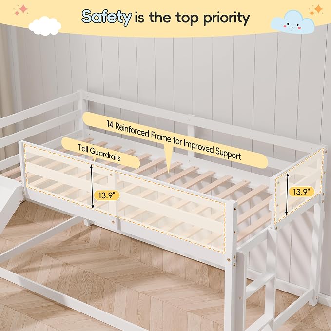 Bunk Bed with Slide, Wooden Bed Frame for Kids, Low Loft Bunk Bed Twin Over Twin with Ladders, Safety Guardrails for Kids, Toddlers, Boys, Girls, Teens, Bedroom (White)