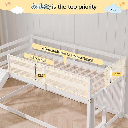Bunk Bed with Slide, Wooden Bed Frame for Kids, Low Loft Bunk Bed Twin Over Twin with Ladders, Safety Guardrails for Kids, Toddlers, Boys, Girls, Teens, Bedroom (White)