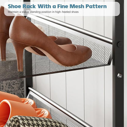 Shoe Rack for Entryway,4 Tier Shoe Shelf，Sturdy Shoe Storage Organizer,Boot Rack with a Fine Mesh Shelves，for Living Room, Hallway，Small Space,11.8 x 16.5 x 27.9 Inches,Brown