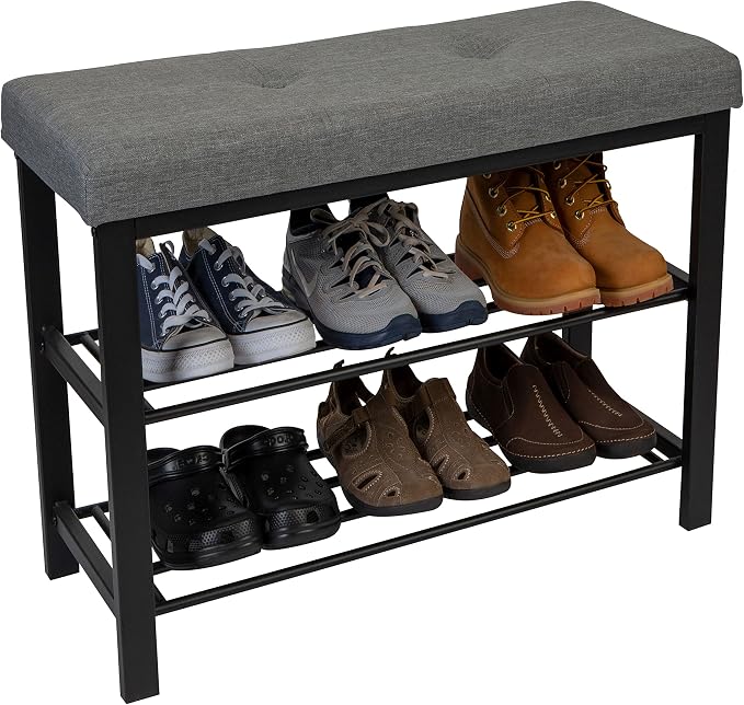 Simplify Storage Bench, Shoe Rack, Ottoman, Tufted, Padded Seating for Entryway, Bedroom, Closet & Hallway, Grey