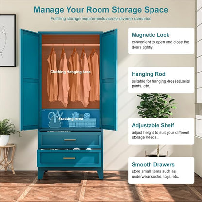 YAUWOH Farmhouse Wardrobe Cabinet with 2 Drawers,Metal Wardrobe Closet with Hanging Rod,Metal Armoire with Adjustable Shelves for Bedroom,Cloak Room,Office (Blue)