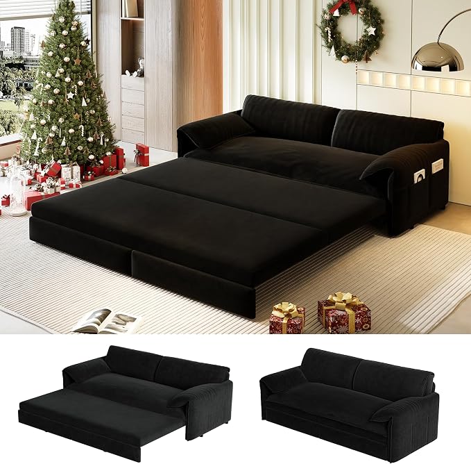 63.8" Sofa Bed Queen Size, Pull Out Couch Bed, 3-in-1 Convertible Sleeper Sofa with Side Pocket, Modern Velvet Futon Couch for Living Room, Small Space, Apartment, Bedroom, Black