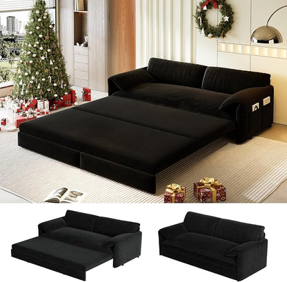 63.8" Sofa Bed Queen Size, Pull Out Couch Bed, 3-in-1 Convertible Sleeper Sofa with Side Pocket, Modern Velvet Futon Couch for Living Room, Small Space, Apartment, Bedroom, Black