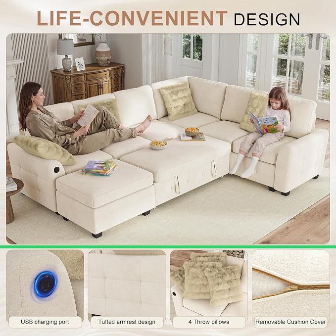 Hanherry Sectional Couch with Pull Out Sofa Bed,Chenille Sleeper Sofa with Storage Ottoman & USB Charging,Comfy L Shaped Modular Couches for Living Room,Apartment