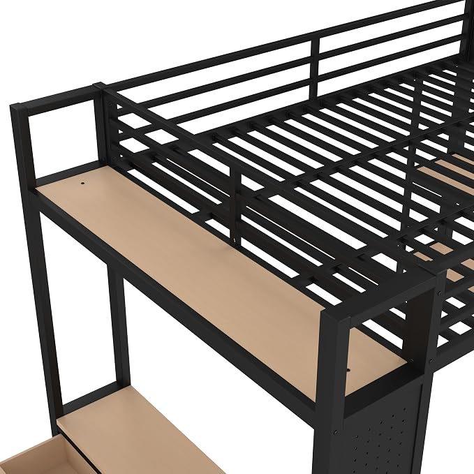Bellemave Queen Size loft Bed with Wardrobe and Storage Shelves and Pegboard Drawers, Metal Queen Loft Bed Frame for Adults, Kids, Teens, Black