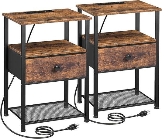 LOAKEKEL Nightstands Set of 2 with Charging Station, Night Stand with Fabric Drawer, End Tables Living Room with Storage Shelf for Small Spaces, Bed Side Tables for Bedroom, Rustic Brown HETS010PBR