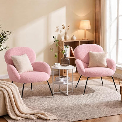 Accent Chair, Cloud Accent Chair for Bedroom, Boucle Fabric (Pink) | Comfy Bedroom Chair with Love Back and Sturdy And Durable Solid-Wood Frame/ Study Room / Bedroom / Living Room /(Cream Style)