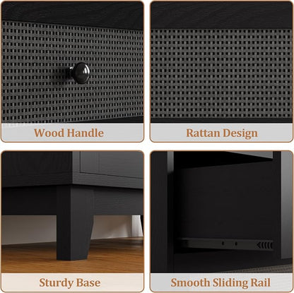 Rattan 3 Drawer Dresser for Bedroom, Small Boho Black Dresser with Wood Handles, Wood Nightstand, 29.52" Wide Modern Dresser, Chests of Drawers for Living Room, Entryway, Hallway