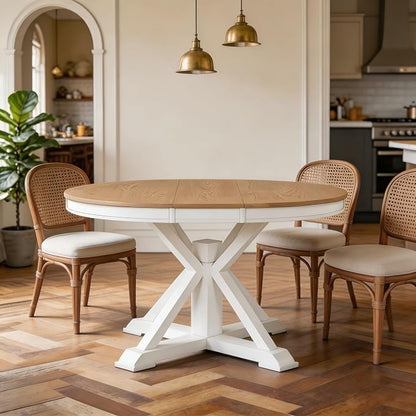 LUMISOL 42"-54" Extendable Round Dining Table for 4-6, Farmhouse Round to Oval Kitchen Table with 12" Removable Leaf and Pedestal Base for Dining Room, Living Room, Oak Natural Wood+Off White
