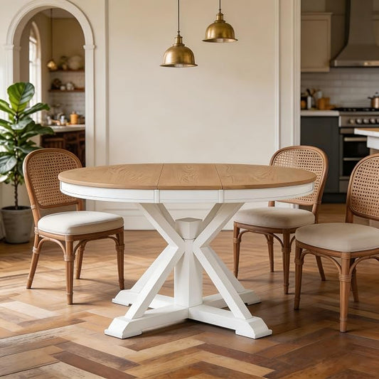 LUMISOL 42"-54" Extendable Round Dining Table for 4-6, Farmhouse Round to Oval Kitchen Table with 12" Removable Leaf and Pedestal Base for Dining Room, Living Room, Oak Natural Wood+Off White