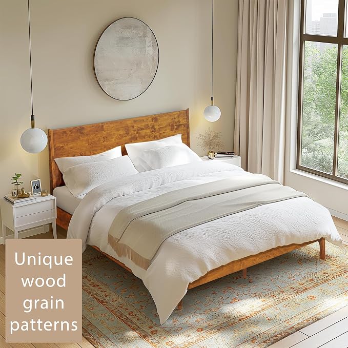 Acacia Haven King Premium Wooden Platform Bed, 100% Solid Wood Platform Bed with Headboard, Wood Slat Support & No Box Spring Needed, Effortless Assembly, 800 lbs Capacity, Caramel.