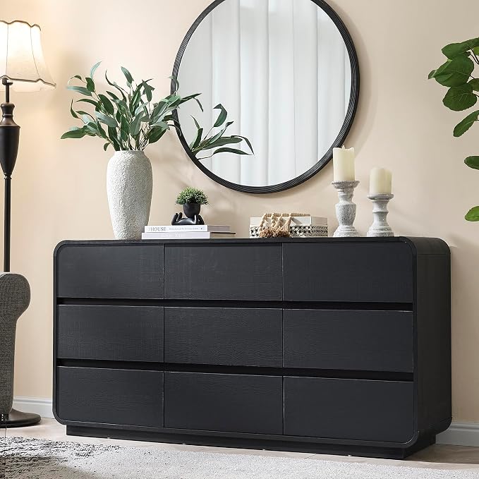 Standifurno Dresser for Bedroom, Modern Cuved Dresser with 9 Drawers,Black Dresser with Handleless Design, Closet Storage Dresser, 15.43" D x 57" W x 28.3" H (9 Drawers)