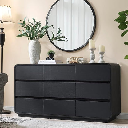 Standifurno Dresser for Bedroom, Modern Cuved Dresser with 9 Drawers,Black Dresser with Handleless Design, Closet Storage Dresser, 15.43" D x 57" W x 28.3" H (9 Drawers)