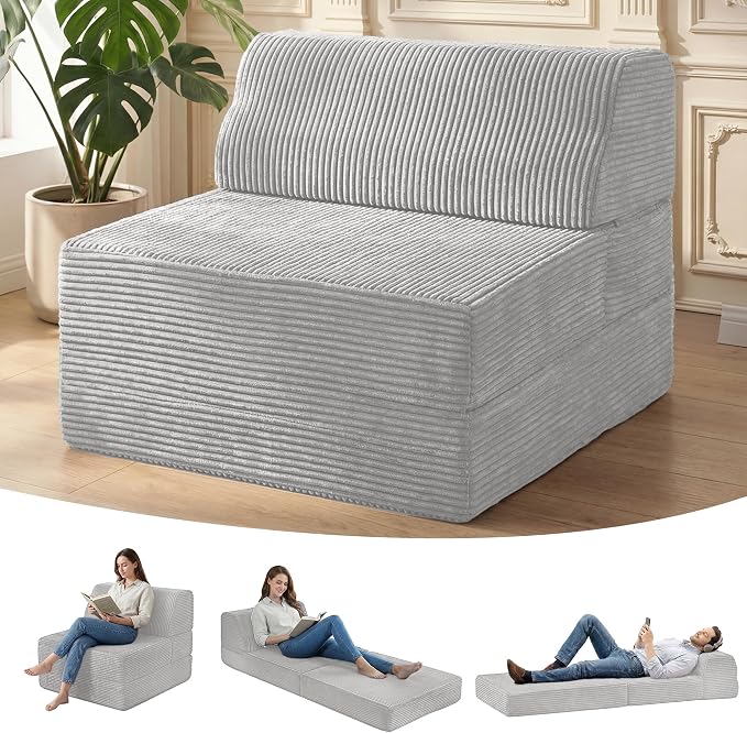 Kasunpul Folding Sofa Bed with Pillow, Memory Foam Fold Out Chair Bed, Convertible Sleeper Chair with Washable Cover, Futon Floor Couch for Living Room/Dorm/Guest Use/Home Office/Apartment, Light Grey