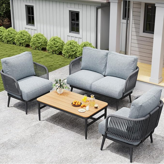 Jocoevol Outdoor Patio Furniture Set 5-Piece, Outdoor 4-Seat Sofa with Coffee Table, Waterproof Thick Cushion Patio Conversation Set, All Weather Outdoor Couch Set for Deck, Lawn, Balcony, Porch