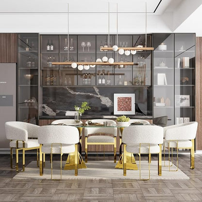 Boucle Dining Chairs Set of 4, White Barrel Dining Chairs with Arms and U-Shaped Mirrored Gold Legs, Modern Side Chairs for Dining Table, Kitchen and Dining Room Restaurant Recepition
