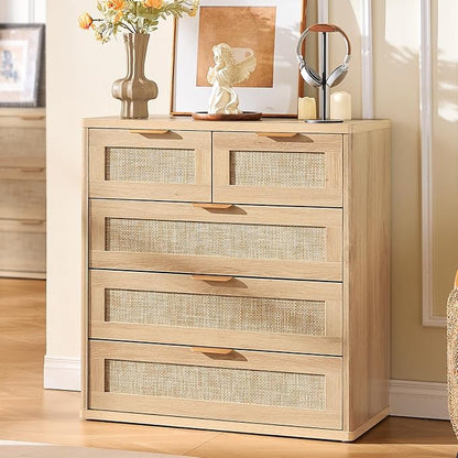 LEYAOYAO Rattan Dresser for Bedroom Set of 2, 33.5" Tall Chest of Drawers, Modern 5 Drawers Boho Dressers with Storage, Light Oak Dresser Wooden Closet Organizer for Living Room, Hallway, Natural Wood