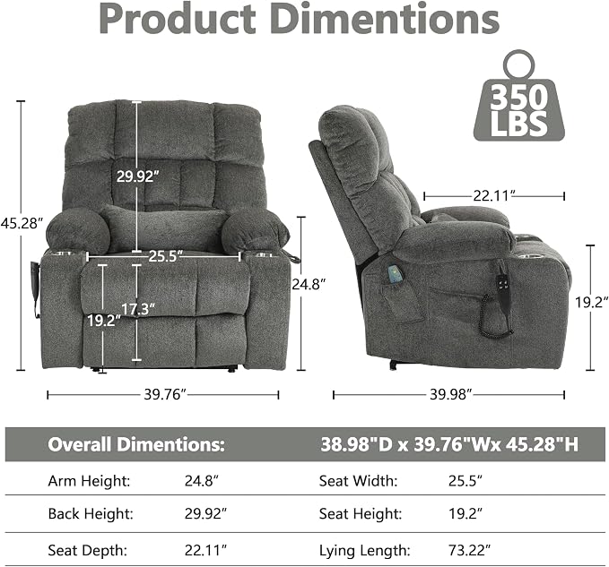 JIKFRIMA Power Lift Recliner Chair for Elderly, Dual Motor Lift Chair with Heat and Massage, Lay Flat Lift Chair for Adults, Cup Holders, Lumbar Pillow, Chenille,Dark Grey