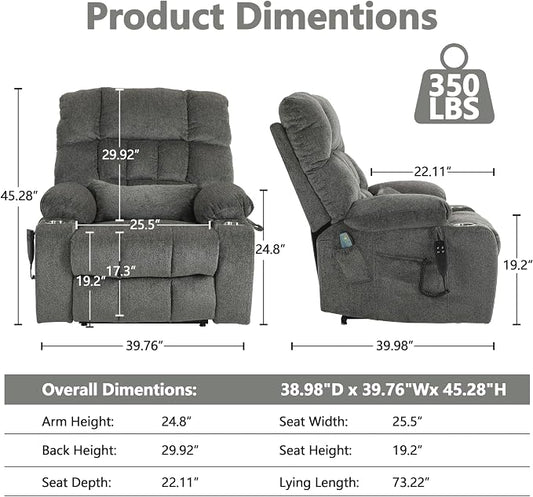 JIKFRIMA Power Lift Recliner Chair for Elderly, Dual Motor Lift Chair with Heat and Massage, Lay Flat Lift Chair for Adults, Cup Holders, Lumbar Pillow, Chenille,Dark Grey
