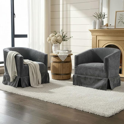 Swivel Accent Chairs Set of 2 for Living Room, 360° Upholstered Barrel Swivel Chairs with Skirted Base, Modern Linen Armchairs for Bedroom, Reading Nook, Small Space, Grey