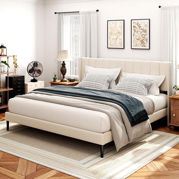 Sismplly King Size Bed Frame and Headboard,Vertical Channel Tufted Wingback No Box Spring Needed, Mattress Foundation, Easy Assembly, Beige