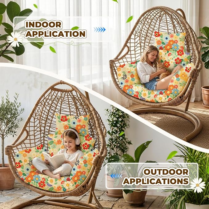 Waterproof Egg Chair Cushion Replacement 47x31.5x4.7 inch Thicken Hanging Egg Swing Chair Cushion Indoor Outdoor Wicker Rattan Hammock Basket Cushion with Headrest Pillow, Daisy