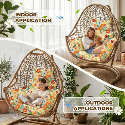 Waterproof Egg Chair Cushion Replacement 47x31.5x4.7 inch Thicken Hanging Egg Swing Chair Cushion Indoor Outdoor Wicker Rattan Hammock Basket Cushion with Headrest Pillow, Daisy