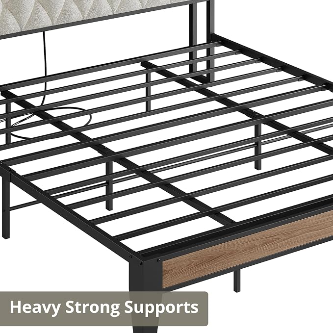 King Size Bed Frame with Headboard & Charging Station, Wood and Cream