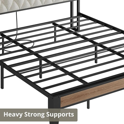 King Size Bed Frame with Headboard & Charging Station, Wood and Cream