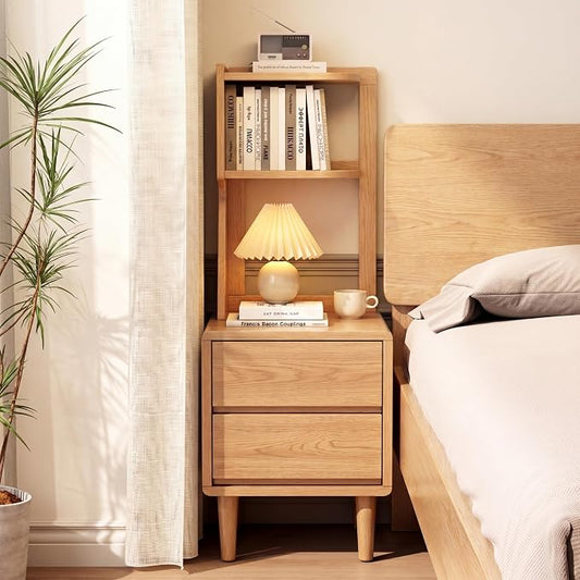 Solid Wood Bookshelf with Drawers,Narrow bookcase with Storage Shelves,Tall Nightstand with Drawers,Mid Century Modern Nightstand,Open Shelf Bookcase,Small Book Shelf for Bedroom,Living Room,Offices
