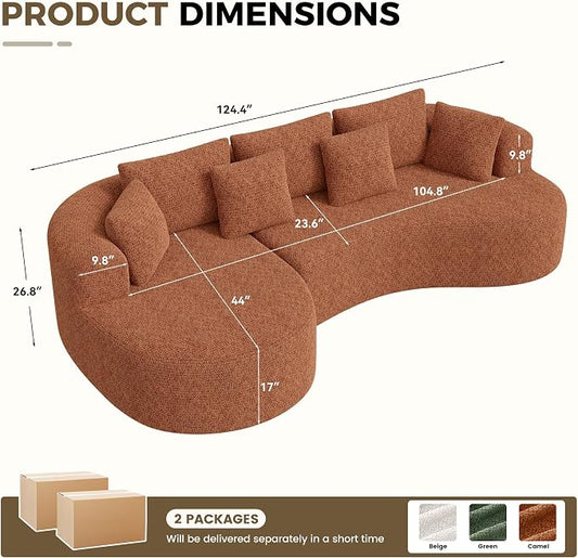 126" Oversized Curved Sectional Sofa for Living Room, Boneless Modern Couch with Chaise, Cloud Couch with 7 Pillows, No Assembly, Caramel 1PCS