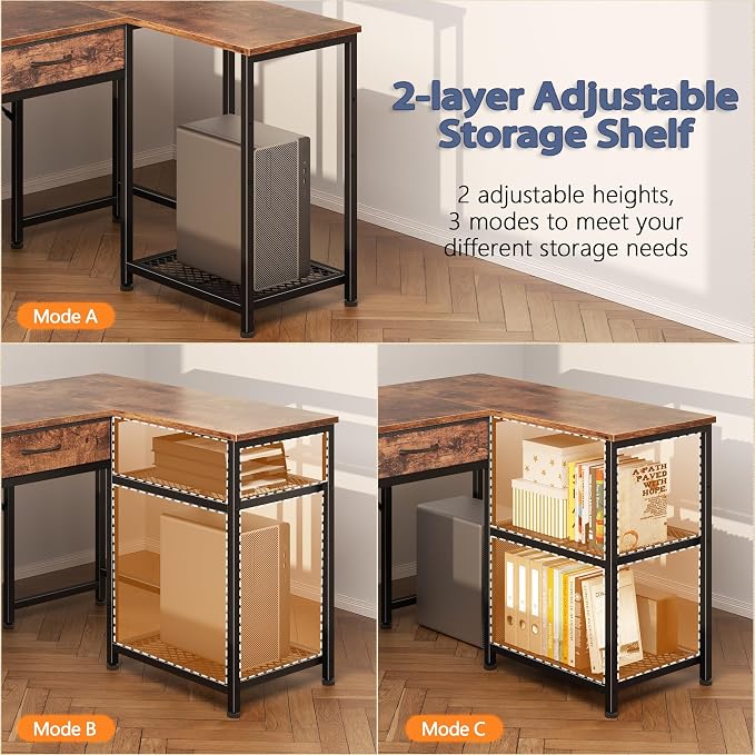 Korfile 57 Inch L Shaped Computer Desk with Power Outlets, Reversible Home Office Desk with 4 Fabric Drawers & 2 Adjustable Mesh Shelves, Corner Study Work Desk with Larger Storage, Rustic Brown