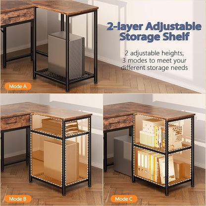 Korfile 57 Inch L Shaped Computer Desk with Power Outlets, Reversible Home Office Desk with 4 Fabric Drawers & 2 Adjustable Mesh Shelves, Corner Study Work Desk with Larger Storage, Rustic Brown