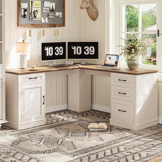Halitaa Farmhouse 59" L-Shaped Executive Desk with Drawers, Wood Home Office Corner Desk with File Drawer, Storage Cabinet, Rustic Computer Writing Desk for Home Office.White-Brown