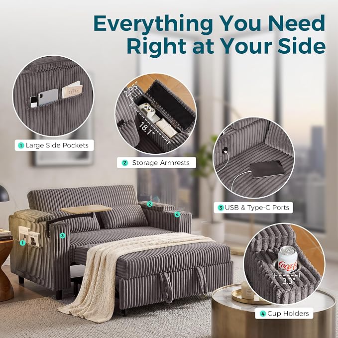 LINSY HOME 3-in-1 Pull Out Sofa Bed, 58" Convertible Sleeper Sofa for Living Room, 360° Swivel Table, Storage Armrests, Charging Station, Cup Holders, 2 Pillows, Corduroy Loveseat Futon Couch, Grey