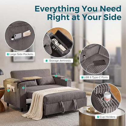 LINSY HOME 3-in-1 Pull Out Sofa Bed, 58" Convertible Sleeper Sofa for Living Room, 360° Swivel Table, Storage Armrests, Charging Station, Cup Holders, 2 Pillows, Corduroy Loveseat Futon Couch, Grey