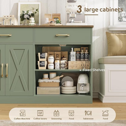 HOSTACK 71" Large Sideboard Buffet Cabinet with Storage, Farmhouse Coffee Bar Cabinet with 3 Drawers, Long Kitchen Buffet Table, Kitchen Sideboard Storage Cabinet for Dining, Living Room, Green/Brown